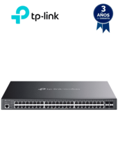 Switch L2+ Omada PoE+ con 48 puertos PoE+ 10/100/1000 Mbps, 4 puertos SFP 1G, consola RJ45/microUSB, gestión centralizada Omada/Stand-Alone, soporte Multicast IGMP, Calidad de Servicio (QoS), y presupuesto PoE 384W.