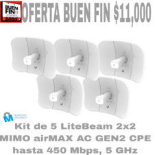 Kit de 5 LiteBeam 2x2 MIMO airMAX AC GEN2 CPE hasta 450 Mbps, 5 GHz