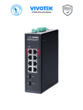 Switch PoE Industrial Gigabit 8 puertos Administrable, 2 puertos PoE GbE 90W, 6 puertos GbE 30W, 2 puertos GbE SFP, 300W Totales, Modo PoE Extendido hasta 250 mts, 20Gbps, VLAN, NDAA #PTZ