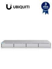NVR Empresarial UniFi Protect recomendado para 15 cámaras 4K o 50 cámaras Full HD, con 4 bahías de disco duro, puerto Gigabit RJ-45 y configuración RAID 1 o RAID 5 automática.